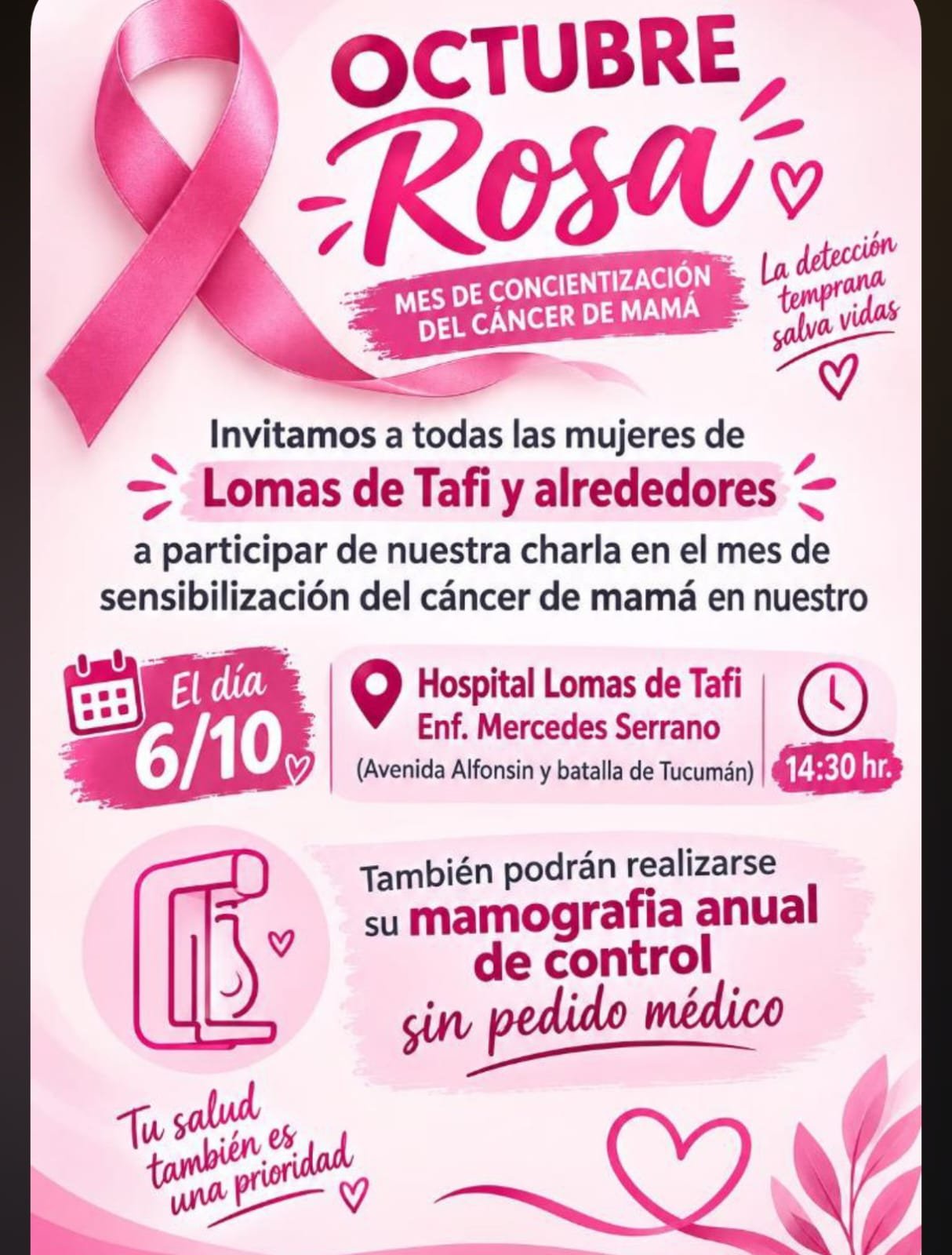 El Hospital de Lomas de Tafí brindará una charla de prevención y mamografías sin orden médica por Octubre Rosa